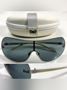 D&G White Frame Shield Style Sunglasses w/ Thin Pearlescent Arms & Case